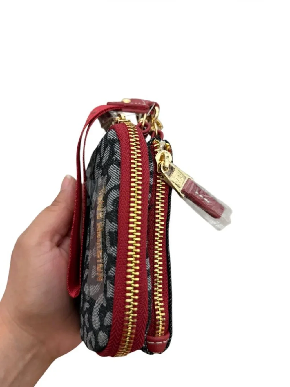 NWT True Religion Wristlet Keychain Card Set Leopard Denim Red